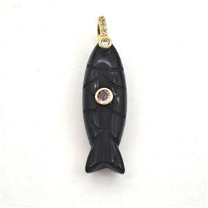 Black Obsidian Fish Pendant Pave Zirconia, approx 10-33mm [GM27577]