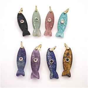 Natural Gemstone Fish Pendant Pave Zirconia Mixed, approx 10-33mm [GM27585]