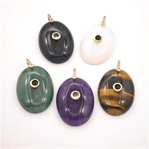 Natural Gemstone Oval Pendant Pave Zirconia Mixed, approx 22-30mm [GM27602]