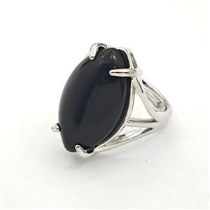Black Obsidian Oval Copper Rings Platinum Plated, approx 15-25mm, 18mm dia [GM27606]