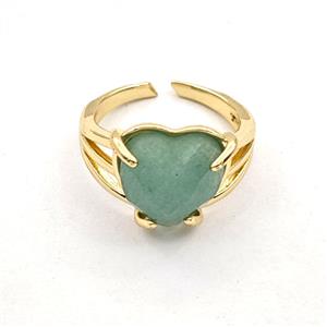 Green Aventurine Heart Copper Rings Gold Plated, approx 14mm, 18mm dia [GM27616]