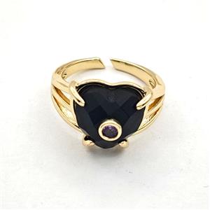 Black Obsidian Heart Copper Rings Gold Plated, approx 14mm, 18mm dia [GM27625]