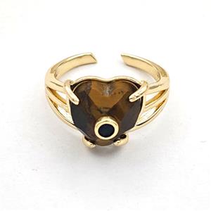 Tiger Eye Stone Heart Copper Rings Gold Plated, approx 14mm, 18mm dia [GM27628]