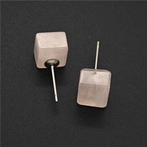 Pink Rose Quartz Cube Copper Stud Earrings Platinum Plated, approx 8mm [GM27642]