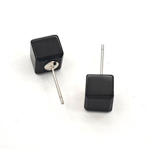 Black Obsidian Cube Copper Stud Earrings Platinum Plated, approx 8mm [GM27643]