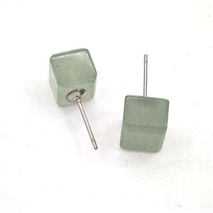 Green Aventurine Cube Copper Stud Earrings Platinum Plated, approx 8mm [GM27644]