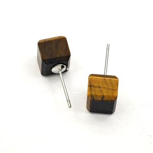 Tiger Eye Stone Cube Copper Stud Earrings Platinum Plated, approx 8mm [GM27645]