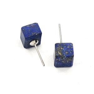 Blue Lapis Lazuli Cube Copper Stud Earrings Platinum Plated, approx 8mm [GM27646]