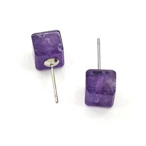 Purple Amethyst Cube Copper Stud Earrings Platinum Plated, approx 8mm [GM27647]