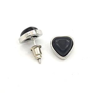 Black Obsidian Heart Copper Stud Earrings Platinum Plated, approx 10mm [GM27648]