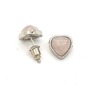 Pink Rose Quartz Heart Copper Stud Earrings Platinum Plated, approx 10mm [GM27649]