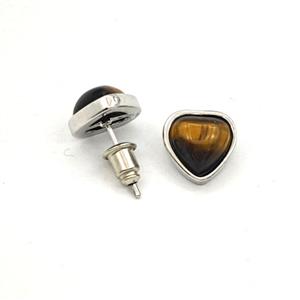 Tiger Eye Stone Heart Copper Stud Earrings Platinum Plated, approx 10mm [GM27655]