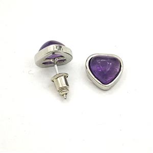 Purple Amethyst Heart Copper Stud Earrings Platinum Plated, approx 10mm [GM27657]