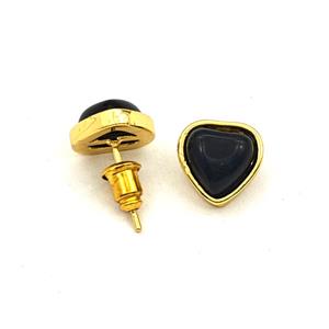 Black Obsidian Heart Copper Stud Earrings Gold Plated, approx 10mm [GM27658]