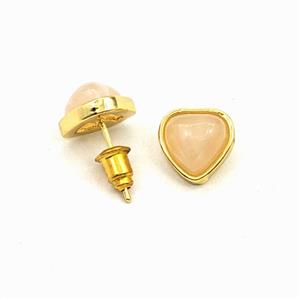 Pink Rose Quartz Heart Copper Stud Earrings Gold Plated, approx 10mm [GM27659]