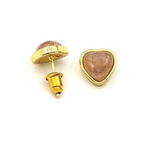 Pink Strawberry Quartz Heart Copper Stud Earrings Gold Plated, approx 10mm [GM27661]