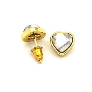 White Howlite Turquoise Heart Copper Stud Earrings Gold Plated, approx 10mm [GM27662]