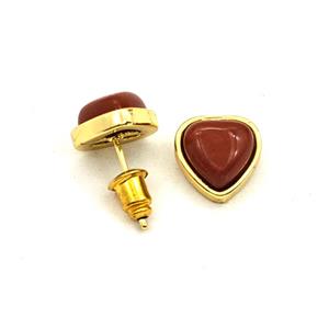 Red Jasper Heart Copper Stud Earrings Gold Plated, approx 10mm [GM27663]