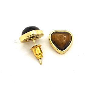 Tiger Eye Stone Heart Copper Stud Earrings Gold Plated, approx 10mm [GM27665]