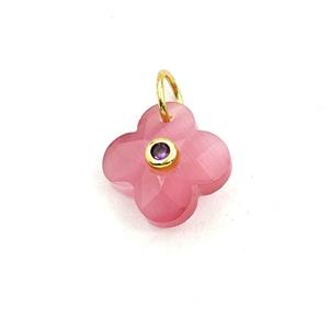Pink Cats Eye Glass Clover Pendant Pave Zirconia, approx 12mm [GM27802]