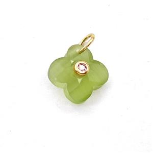Green Cats Eye Glass Clover Pendant Pave Zirconia, approx 12mm [GM27813]