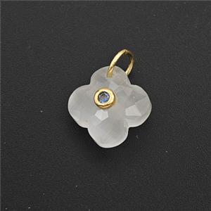 White Cats Eye Glass Clover Pendant Pave Zirconia, approx 12mm [GM27815]