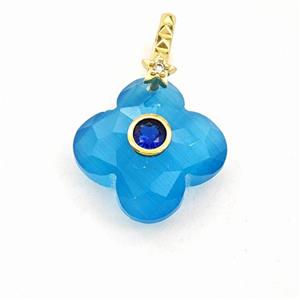 Blue Cats Eye Glass Clover Pendant Pave Zirconia, approx 18mm [GM27819]