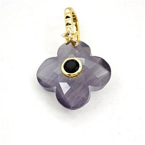 Gray Cats Eye Glass Clover Pendant Pave Zirconia, approx 18mm [GM27821]