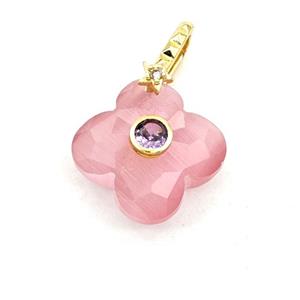 Pink Cats Eye Glass Clover Pendant Pave Zirconia, approx 18mm [GM27822]