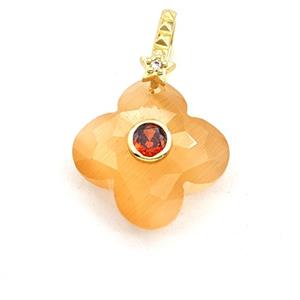 Peach Cats Eye Glass Clover Pendant Pave Zirconia, approx 18mm [GM27823]