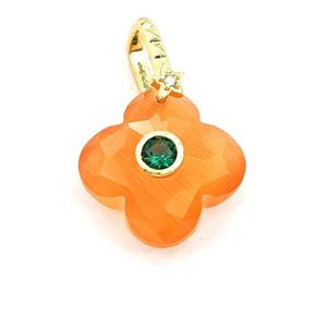 Orange Cats Eye Glass Clover Pendant Pave Zirconia, approx 18mm [GM27824]