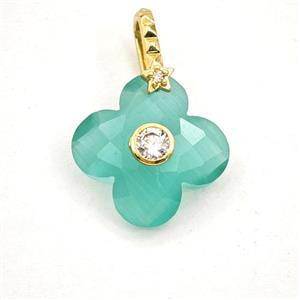 Peacock Green Cats Eye Glass Clover Pendant Pave Zirconia, approx 18mm [GM27827]