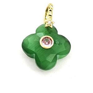 Green Cats Eye Glass Clover Pendant Pave Zirconia, approx 18mm [GM27828]