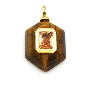 Tiger Eye Stone Hexagon Pendant Pave Zirconia, approx 15-20mm [GM27836]