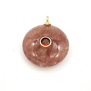 Pink Strawberry Quartz Coin Pendant Pave Zirconia, approx 25mm [GM27853]