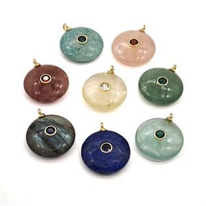Natural Gemstone Coin Pendant Pave Zirconia Mixed, approx 25mm [GM27858]