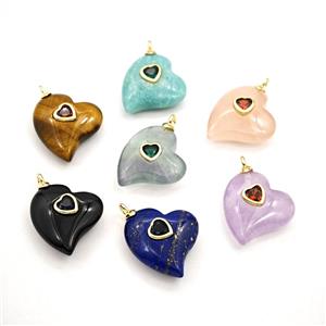 Natural Gemstone Heart Pendant Pave Zirconia Mixed, approx 20mm [GM27867]