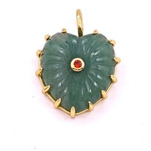 Green Aventurine Heart Pendant Pave Zirconia Ribbed, approx 20-22mm [GM27974]