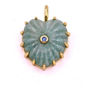 Green Amazonite Heart Pendant Pave Zirconia Ribbed, approx 20-22mm [GM27976]
