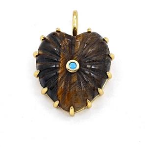 Tiger Eye Stone Heart Pendant Pave Zirconia Ribbed, approx 20-22mm [GM27978]