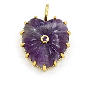 Purple Amethyst Heart Pendant Pave Zirconia Ribbed, approx 20-22mm [GM27980]