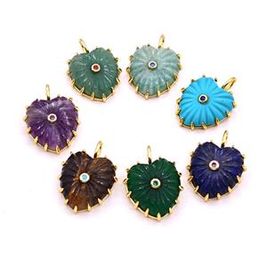 Natural Gemstone Heart Pendant Pave Zirconia Ribbed Mixed, approx 20-22mm [GM27981]