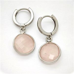 Rose Quartz Copper Hoop Earrings Circle Platinum Plated, approx 14mm, 14mm dia [GR10860]