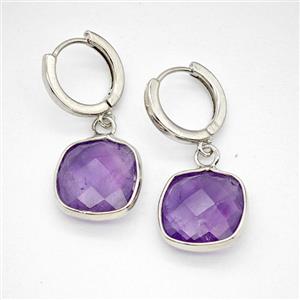 Purple Amethyst Copper Hoop Earrings Square Platinum Plated, approx 14mm, 14mm dia [GR10878]