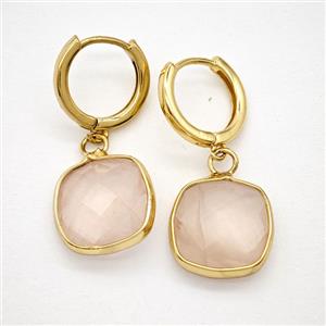 Rose Quartz Copper Hoop Earrings Square Gold Plated, approx 14mm, 14mm dia [GR10880]