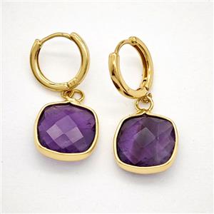 Purple Amethyst Copper Hoop Earrings Square Gold Plated, approx 14mm, 14mm dia [GR10884]