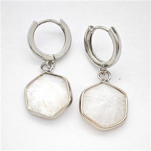 Clear Quartz Copper Hoop Earrings Hexagon Platinum Plated, approx 15mm, 14mm dia [GR10885]
