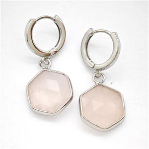 Pink Rose Quartz Copper Hoop Earrings Hexagon Platinum Plated, approx 15mm, 14mm dia [GR10886]