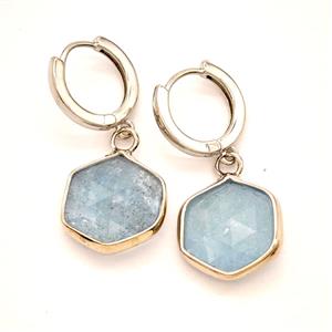 Blue Aquamarine Copper Hoop Earrings Hexagon Platinum Plated, approx 15mm, 14mm dia [GR10887]