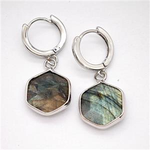 Labradorite Copper Hoop Earrings Hexagon Platinum Plated, approx 15mm, 14mm dia [GR10888]